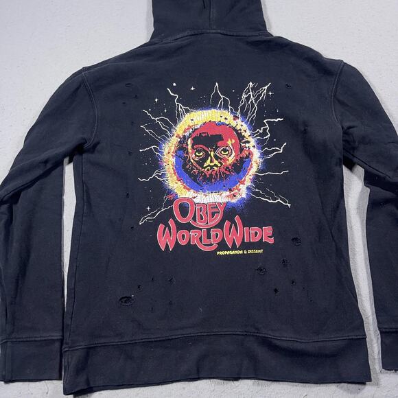 Obey Hoodie Mens Small Distressed Pullover Skull Graphic Streetwear Trashcore - Picture 8 of 9